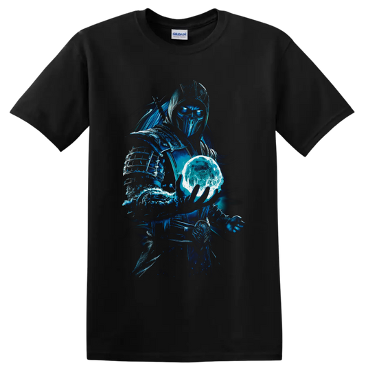 Sub-Zero ice warrior holding a glowing frozen orb in electric blue fantasy art on a Black T Shirt