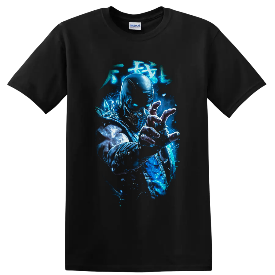 Sub-Zero ice ninja with glowing blue energy, crystalline shards, and combat armor on a Black T Shirt
