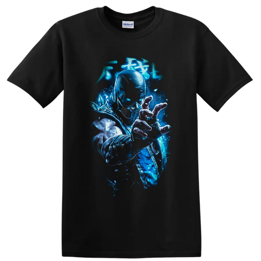 Sub-Zero ice ninja with glowing blue energy, crystalline shards, and combat armor on a Black T Shirt