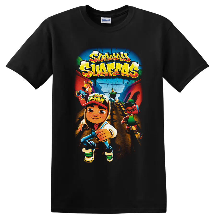 Subway Surfers runners racing along train tracks in colorful cartoon game art on a Black T Shirt