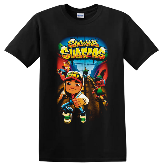 Subway Surfers runners racing along train tracks in colorful cartoon game art on a Black T Shirt