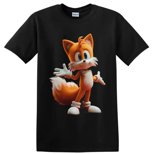 Tails from Sonic the Hedgehog in a colorful full-body cartoon pose on a Black T Shirt