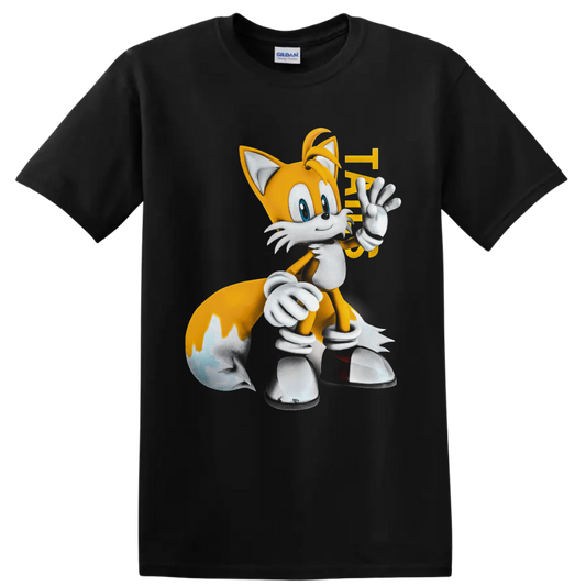 Tails from Sonic the Hedgehog waving in bright retro cartoon art on a Black T Shirt