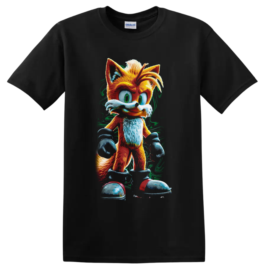 Tails Sonic the Hedgehog two-tailed fox in colorful textured cartoon art on a Black T Shirt