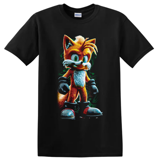 Tails Sonic the Hedgehog two-tailed fox in colorful textured cartoon art on a Black T Shirt