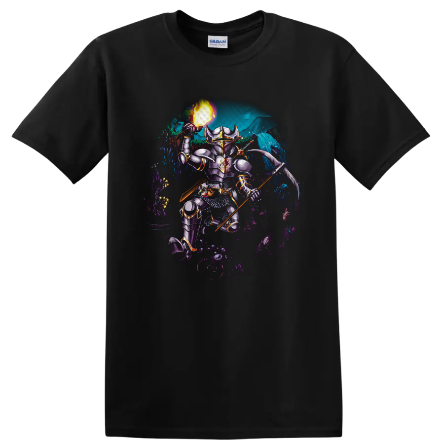 Terraria armored player character with fireball and polearm in a glowing cavern battle on a Black T Shirt