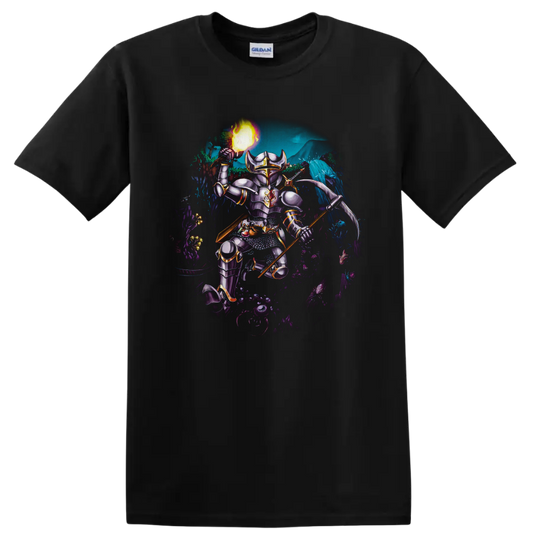 Terraria armored player character with fireball and polearm in a glowing cavern battle on a Black T Shirt