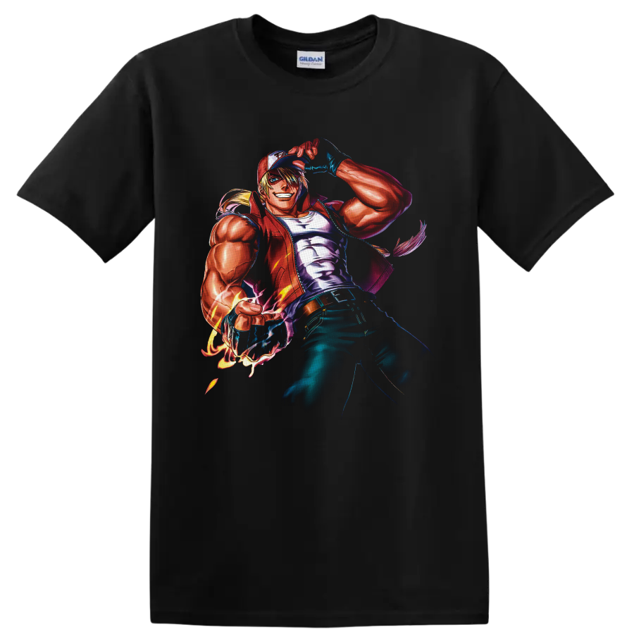 Terry Bogard anime-style fighter artwork tipping red cap with fiery glowing fist on a Black T Shirt