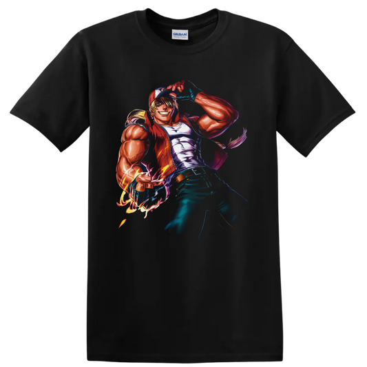 Terry Bogard anime-style fighter artwork tipping red cap with fiery glowing fist on a Black T Shirt