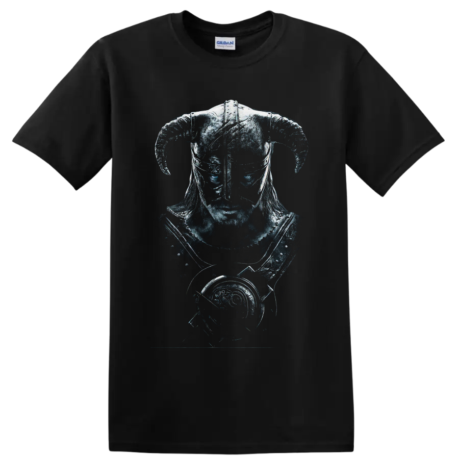 Dragonborn Skyrim warrior portrait with horned Nordic helmet and dragon emblem on a Black T Shirt