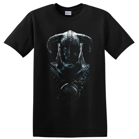 Dragonborn Skyrim warrior portrait with horned Nordic helmet and dragon emblem on a Black T Shirt