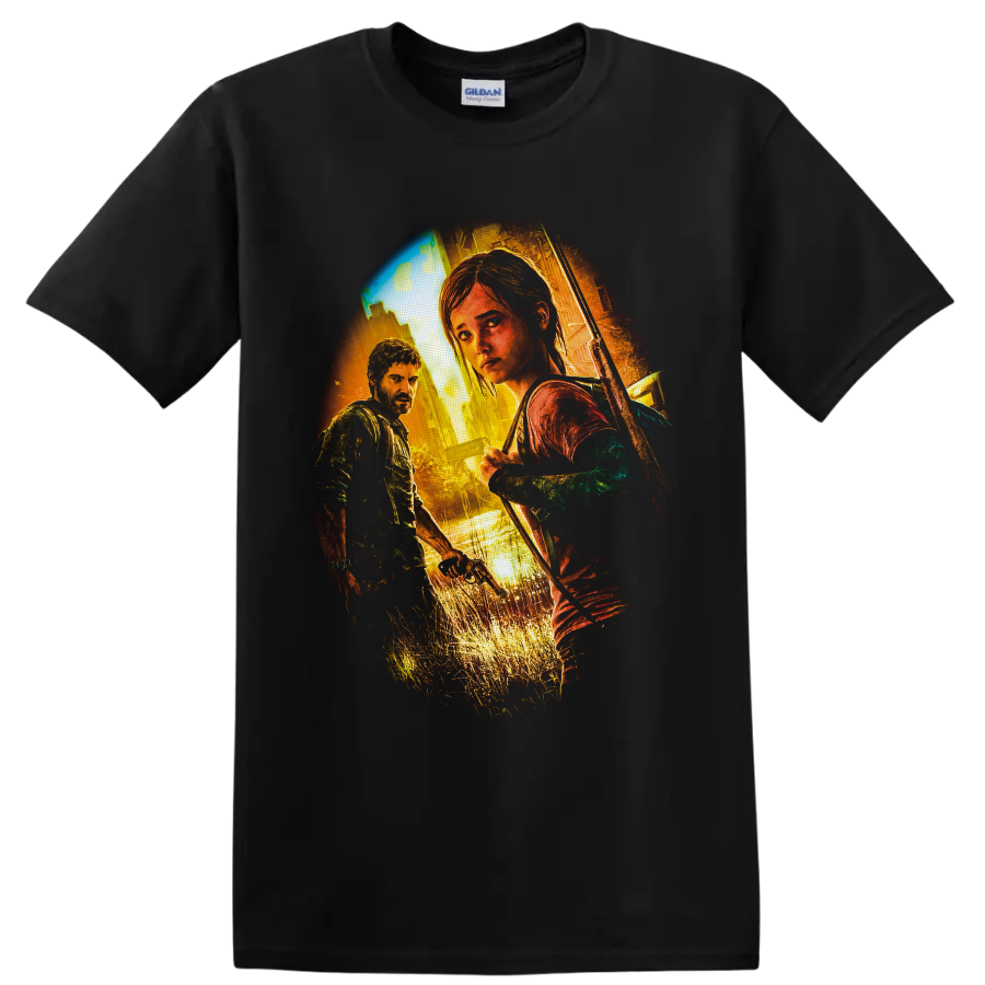 Joel and Ellie in distressed cinematic survivor art with bow and overgrown ruins on a Black T Shirt