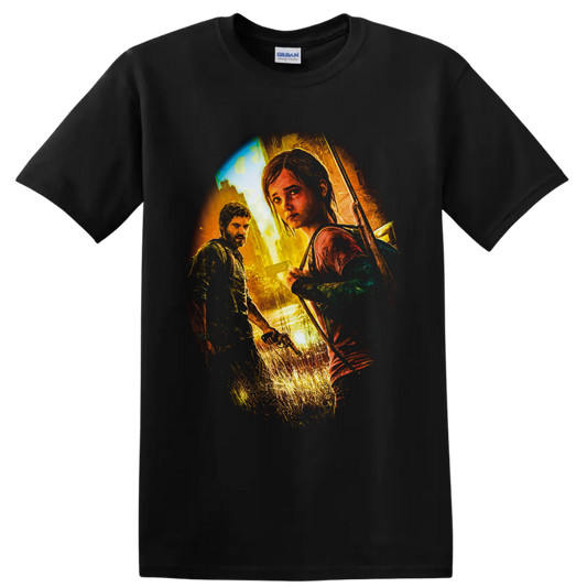 Joel and Ellie in distressed cinematic survivor art with bow and overgrown ruins on a Black T Shirt
