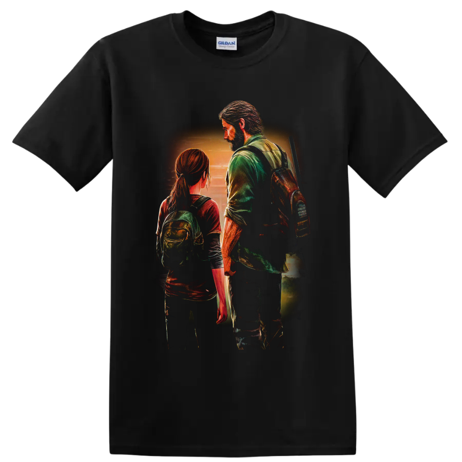 Joel and Ellie sunset survivor scene in textured painterly gaming art on a Black T Shirt