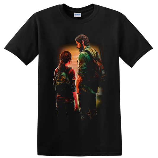 Joel and Ellie sunset survivor scene in textured painterly gaming art on a Black T Shirt