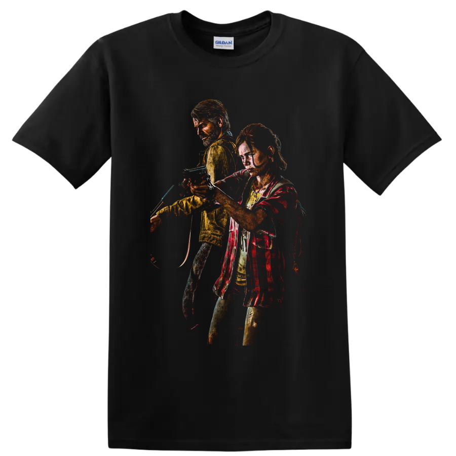 Joel and Ellie distressed survival character artwork from The Last of Us on a Black T Shirt