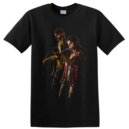 Joel and Ellie distressed survival character artwork from The Last of Us on a Black T Shirt