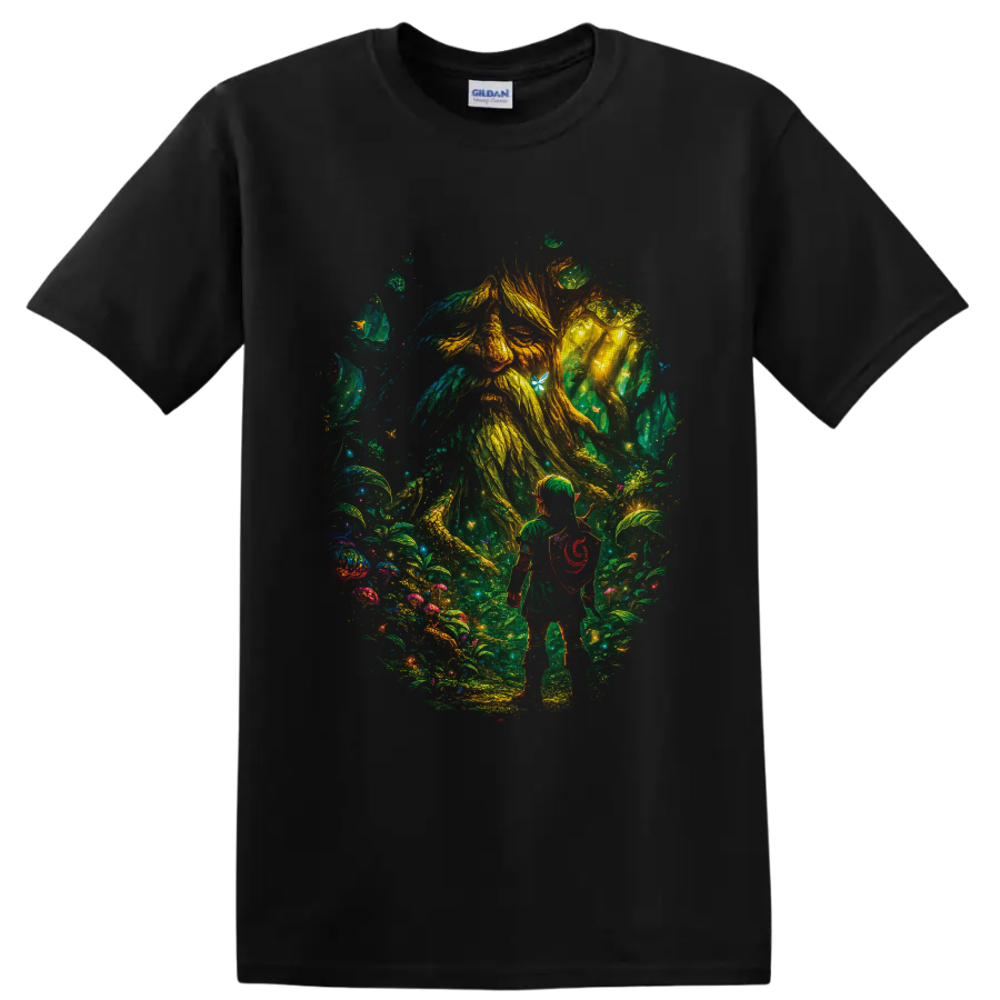 Link facing the Great Deku Tree in a glowing painterly fantasy forest on a Black T Shirt