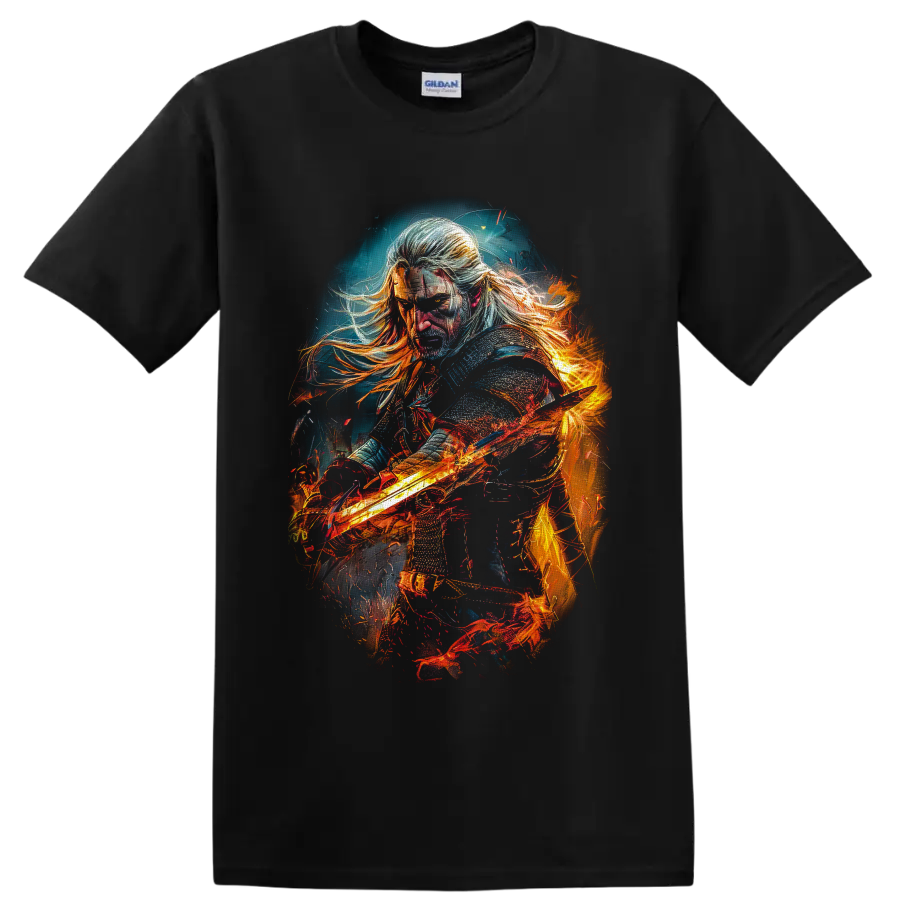 Geralt of Rivia with a fiery sword in dramatic painterly fantasy art on a Black T Shirt