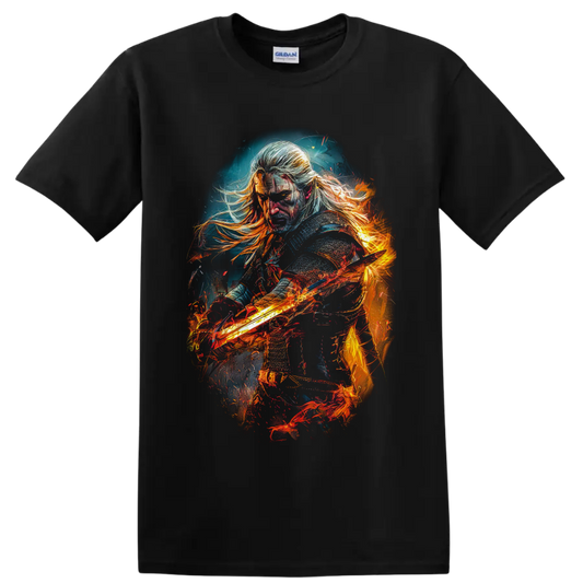 Geralt of Rivia with a fiery sword in dramatic painterly fantasy art on a Black T Shirt