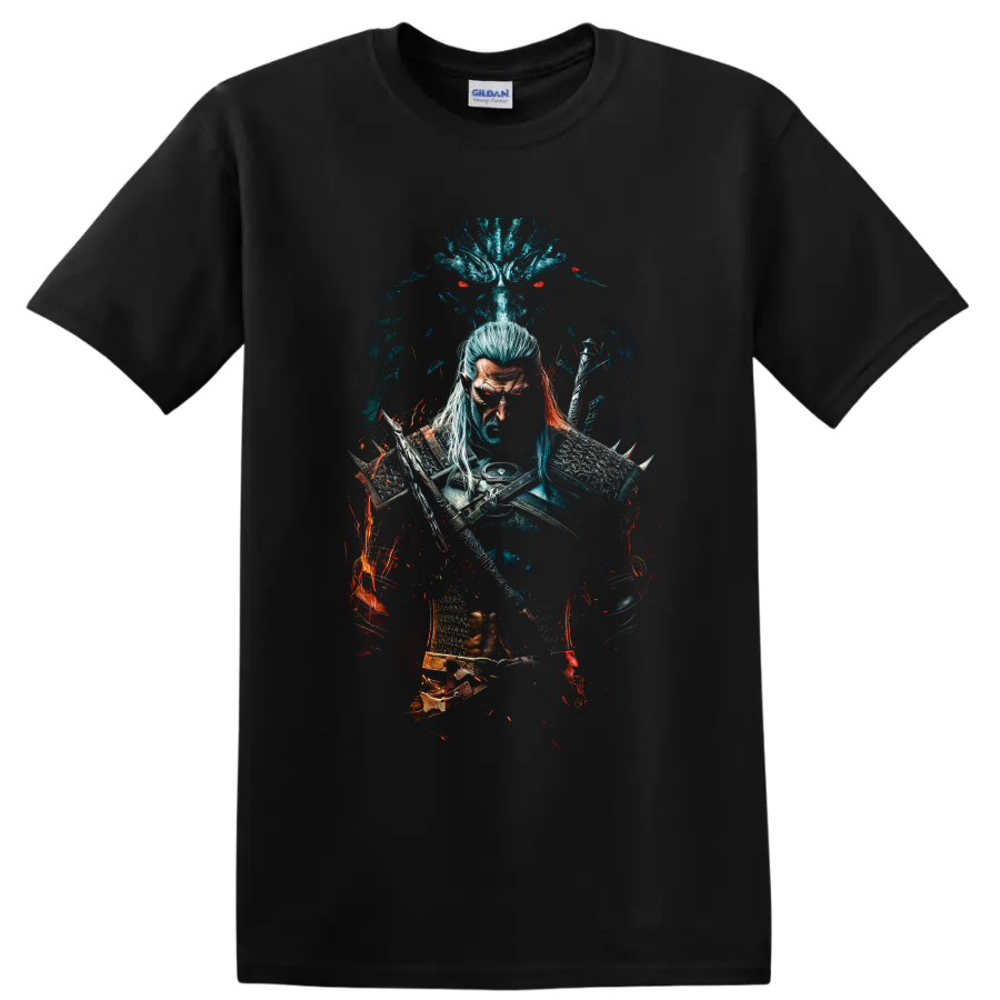 Geralt of Rivia with swords, wolf medallion, spectral wolf, and fiery dark fantasy art on a Black T Shirt