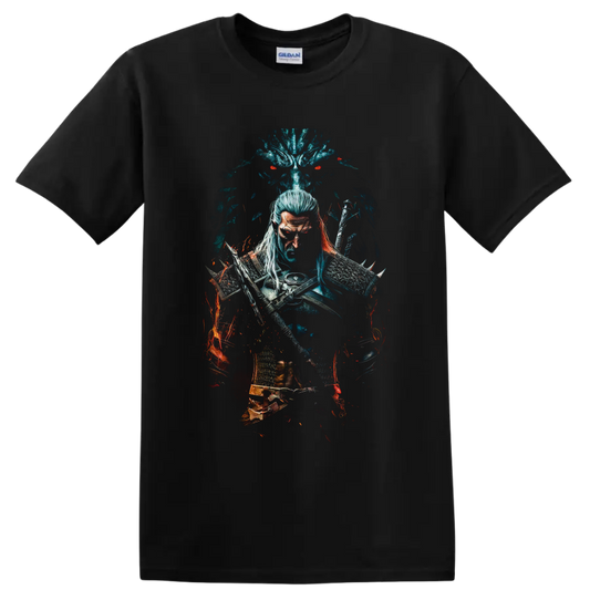 Geralt of Rivia with swords, wolf medallion, spectral wolf, and fiery dark fantasy art on a Black T Shirt