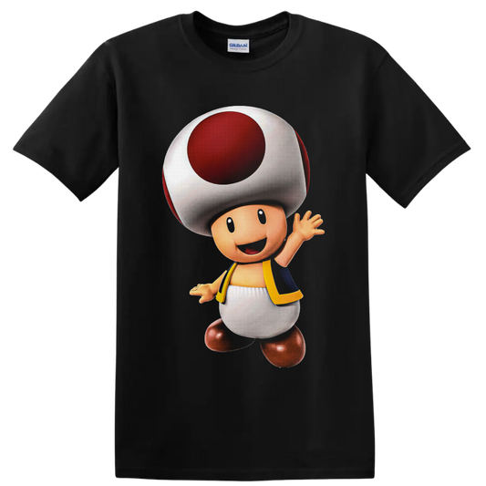 Toad from Super Mario waving in colorful polished character art on a Black T Shirt