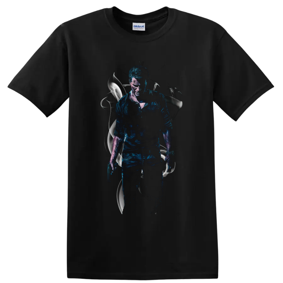 Nathan Drake Uncharted 4 blue textured action portrait with silver abstract accents on a Black T Shirt