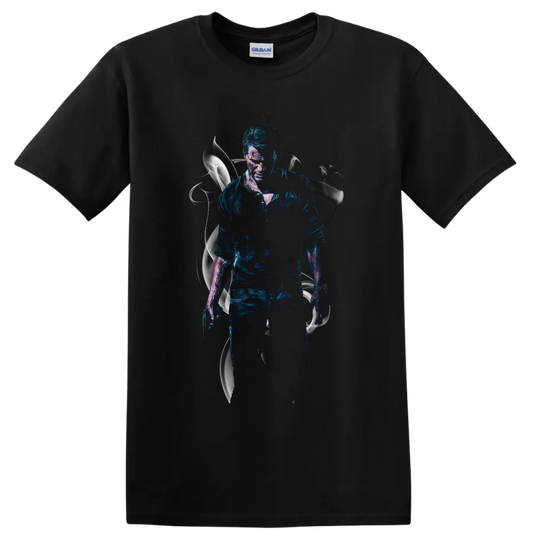 Nathan Drake Uncharted 4 blue textured action portrait with silver abstract accents on a Black T Shirt
