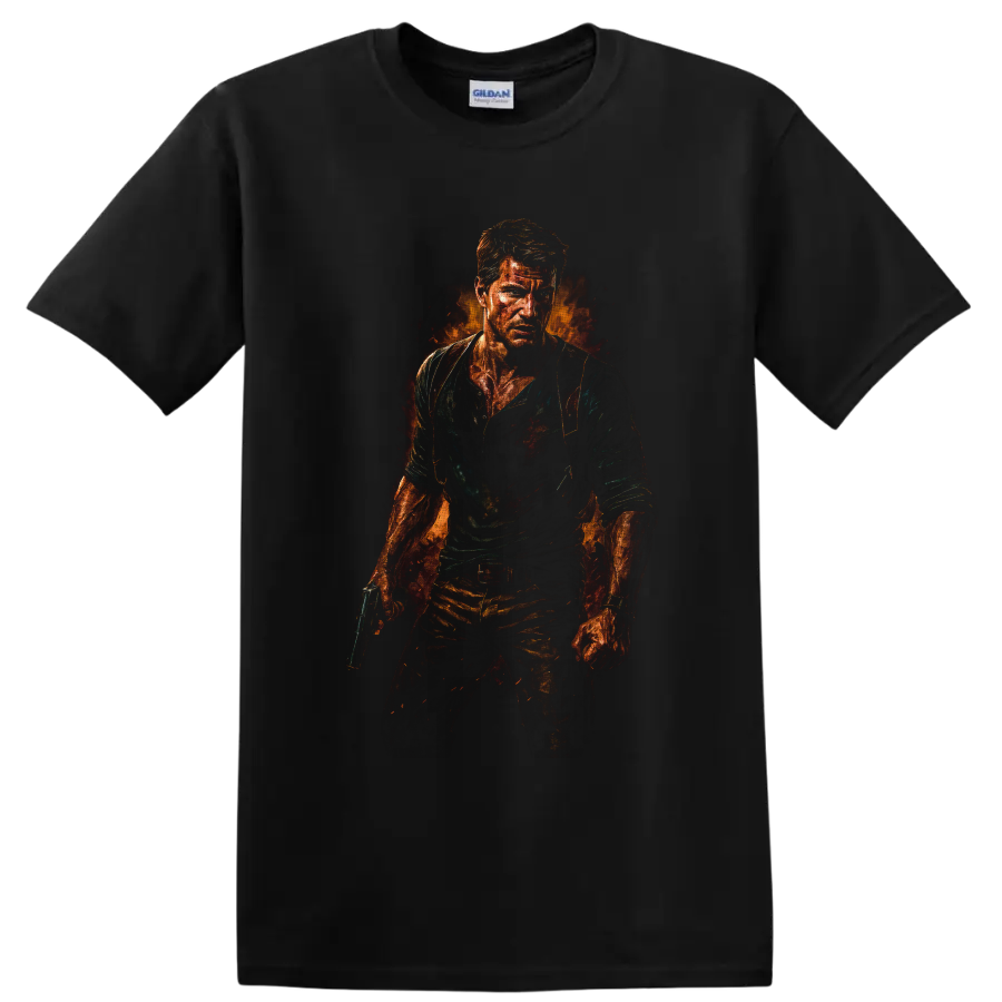 Nathan Drake Uncharted fiery painterly action portrait holding a pistol on a Black T Shirt