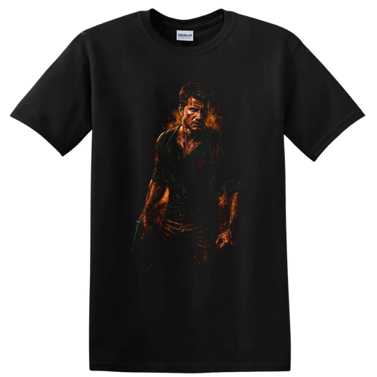 Nathan Drake Uncharted fiery painterly action portrait holding a pistol on a Black T Shirt