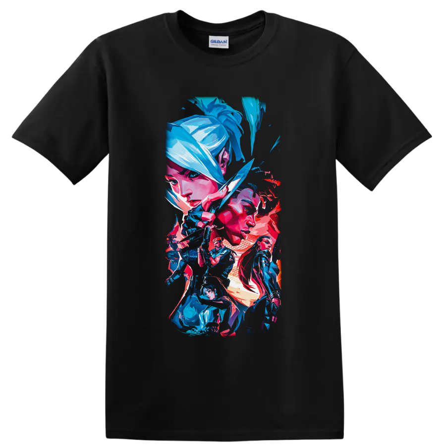 Valorant Agents in a neon blue, pink, and red angular gaming character collage on a Black T Shirt