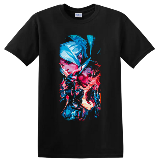 Valorant Agents in a neon blue, pink, and red angular gaming character collage on a Black T Shirt