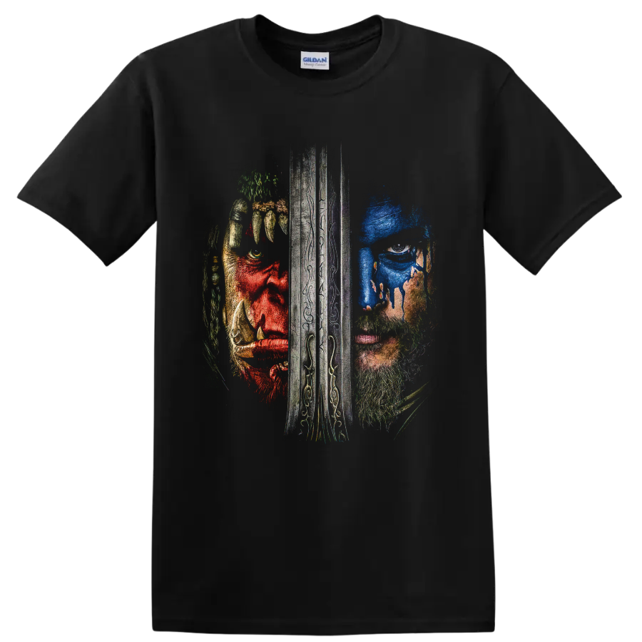 Warcraft Alliance and Horde split warrior portrait divided by an engraved sword on a Black T Shirt