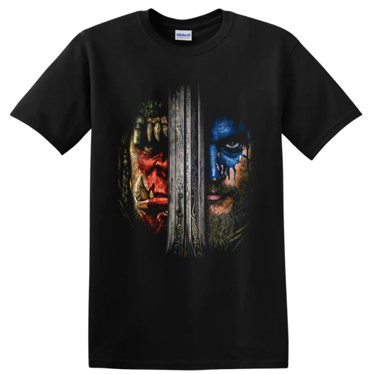 Warcraft Alliance and Horde split warrior portrait divided by an engraved sword on a Black T Shirt