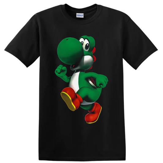 Yoshi running pose cartoon graphic from Super Mario on a Black T Shirt