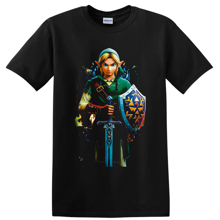 Link with sword and ornate shield in vivid fantasy game art on a Black T Shirt