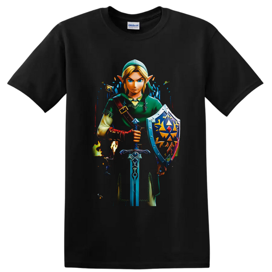 Link with sword and ornate shield in vivid fantasy game art on a Black T Shirt