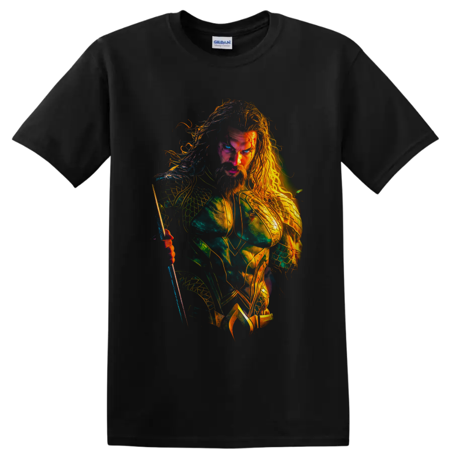 Aquaman trident warrior in luminous teal and gold comic-inspired armor art on a Black T Shirt
