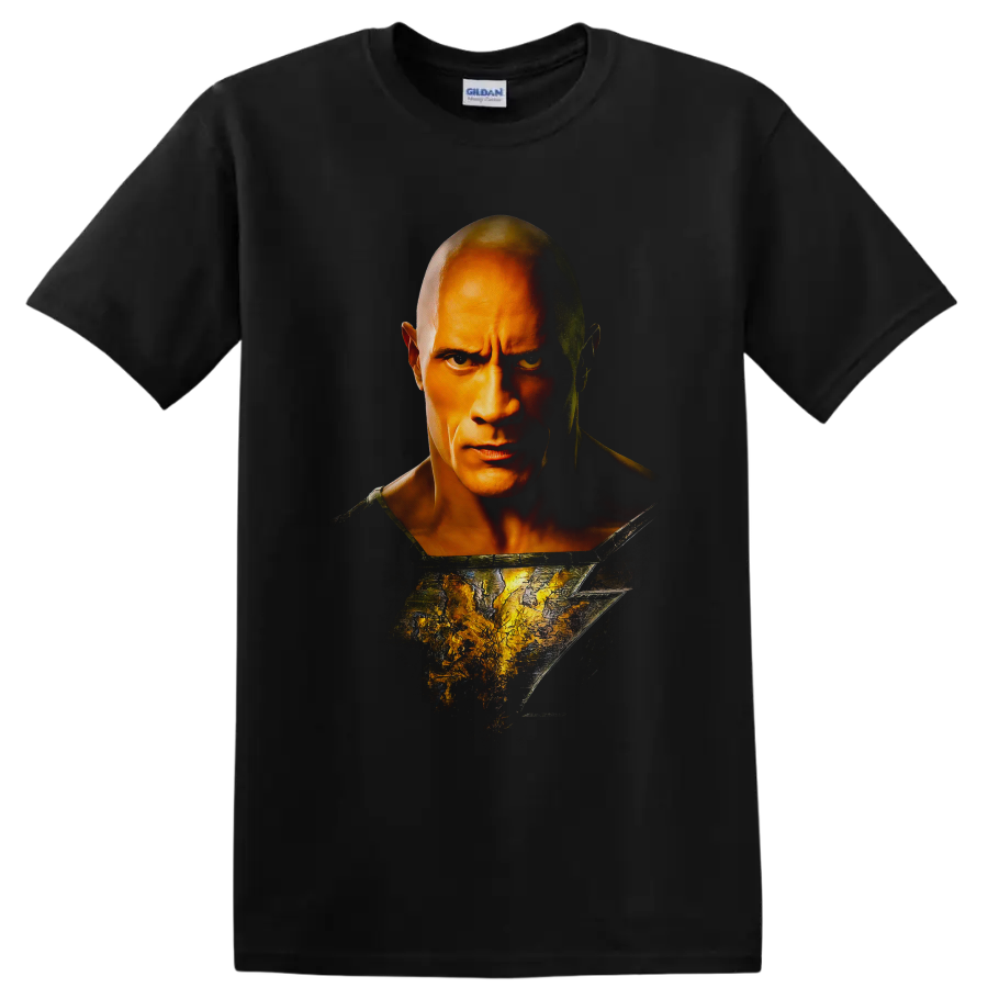Black Adam portrait with cracked golden lightning motif and dramatic comic-style shadows on a Black T Shirt