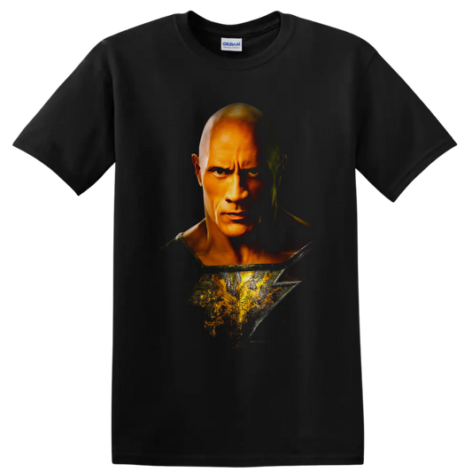 Black Adam portrait with cracked golden lightning motif and dramatic comic-style shadows on a Black T Shirt