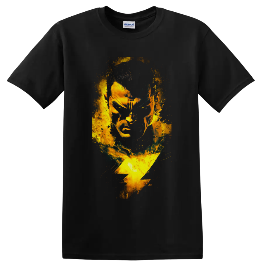 Shazam superhero portrait with golden lightning bolt and distressed comic-style energy on a Black T Shirt