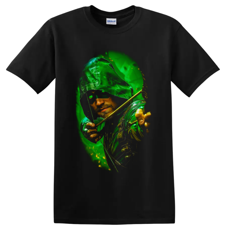 Green Arrow hooded archer portrait with golden bow and emerald comic-style glow on a Black T Shirt