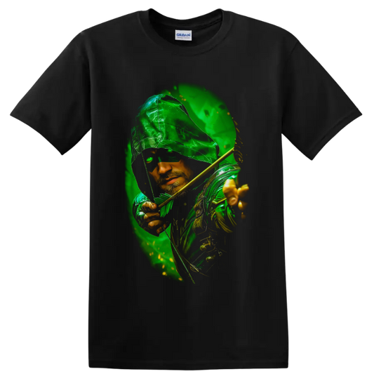 Green Arrow hooded archer portrait with golden bow and emerald comic-style glow on a Black T Shirt