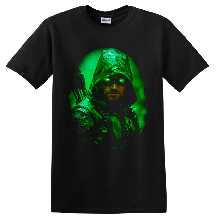 Green Arrow hooded archer portrait with glowing green eyes and neon aura on a Black T Shirt