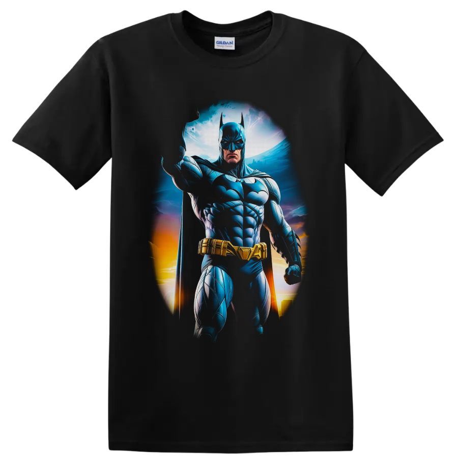 Batman White Lantern comic art with blue armor, gold belt, cape, and glowing skyline on a Black T Shirt