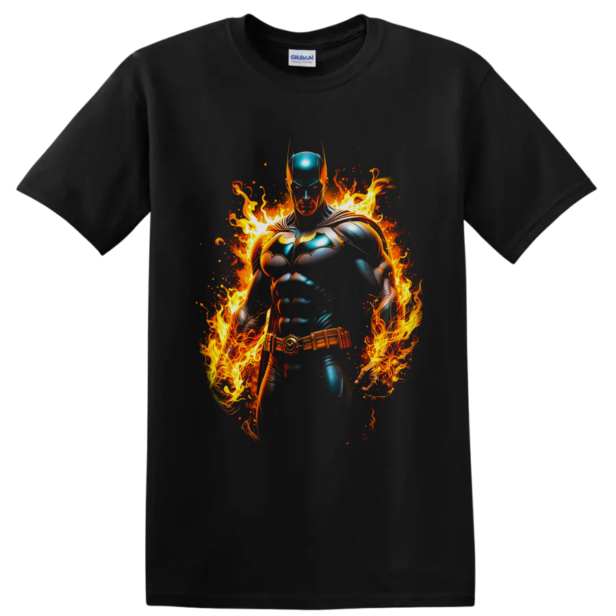 Batman White Lantern Brightest Day comic hero surrounded by vivid flames and embers on a Black T Shirt