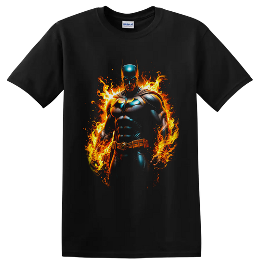 Batman White Lantern Brightest Day comic hero surrounded by vivid flames and embers on a Black T Shirt