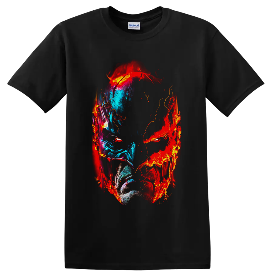 Batman split-face portrait in blue ice tones and red flame comic art on a Black T Shirt