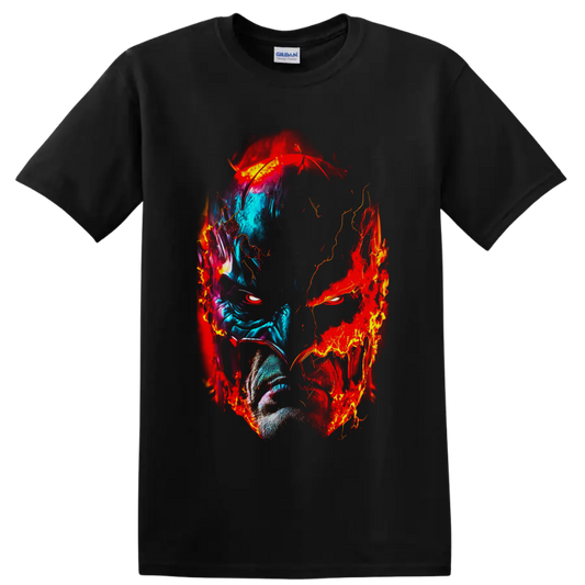 Batman split-face portrait in blue ice tones and red flame comic art on a Black T Shirt